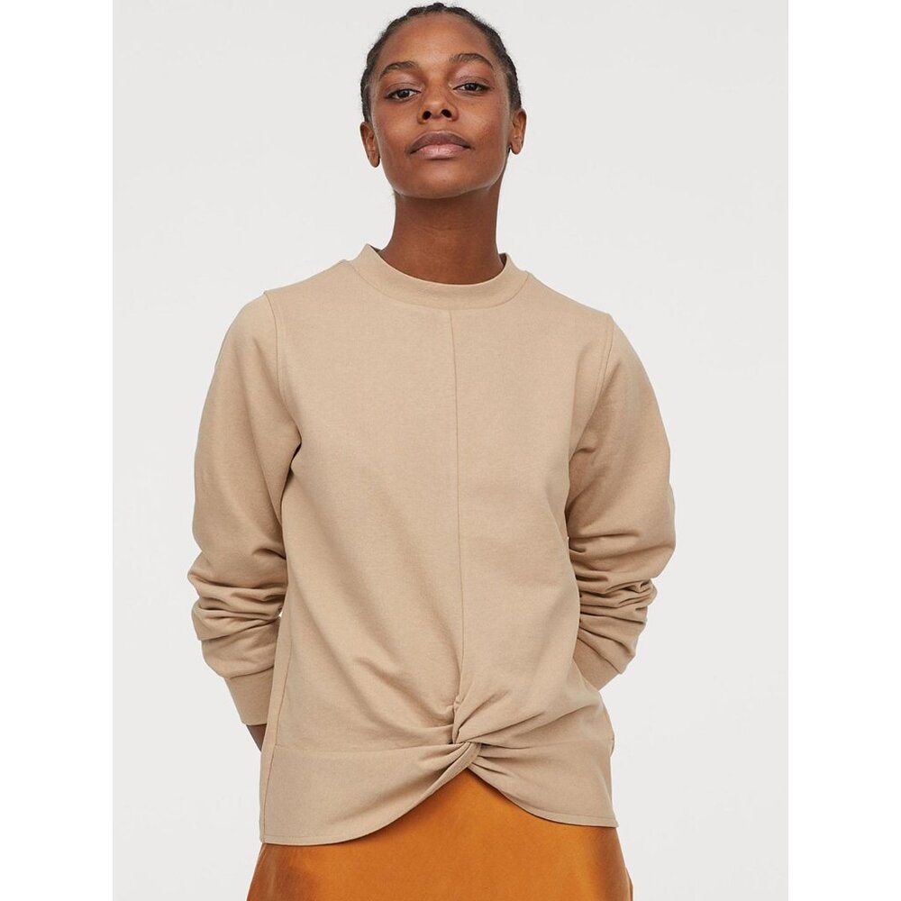 EUC H&M caramel taupe tan brown cotton blend sweatshirt with knot hem detail, XL